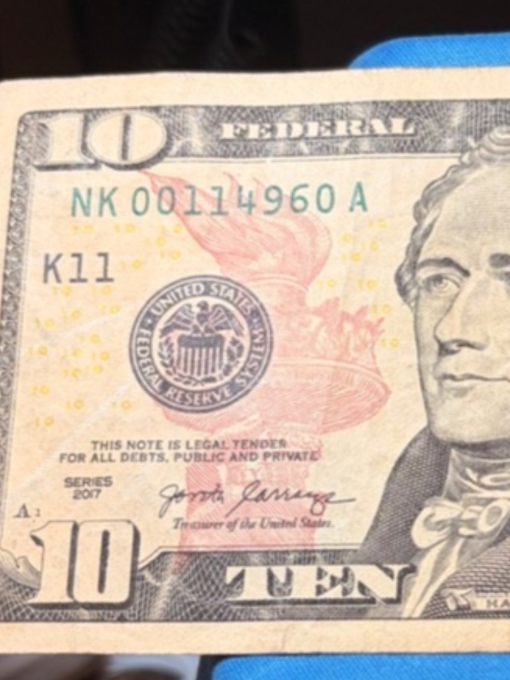 10 Dollar Bill 2017 Low Number Nk00114960A Federal Reserve #206576959740
